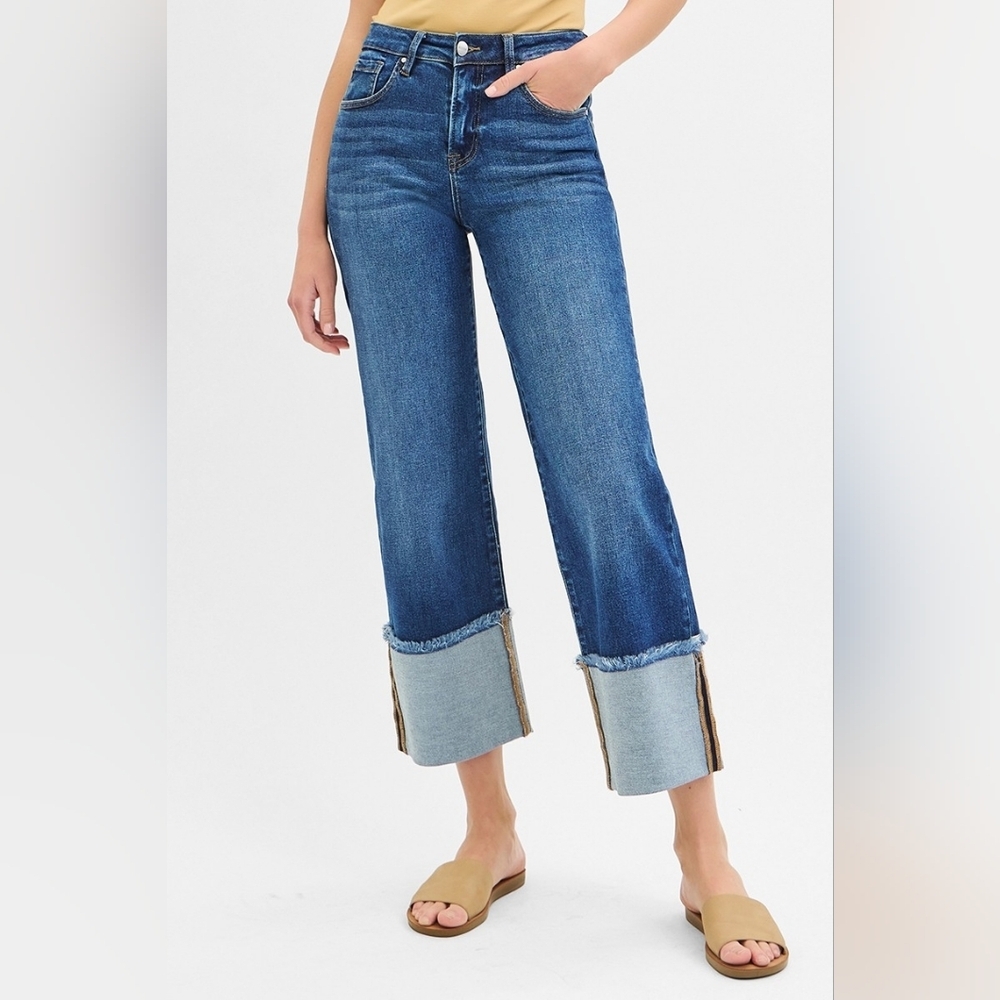 Risen Mid Rise Dark Wash Slim Wide Leg Wide Cuff Denim Jeans Stretch Various NEW - Picture 9 of 11